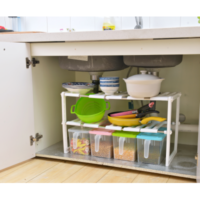 Double Tier Expandable Shelf Rack Under Sink Kitchen Storage Multi-Functional Rack for Kitchen Bathroom and Laundry